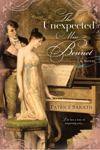 A girl in a regency empire-waist dress stands before a piano, a boy in regency dress behind her. The title reads The Unexpected Miss Bennet by Patrice Sarath