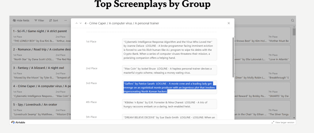 listing screen shot showing the first three finalists in the first round of a screenwriting competition